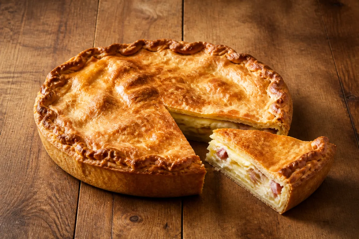 Bisteu picard doré coupé pour montrer les couches de pommes de terre et de lard