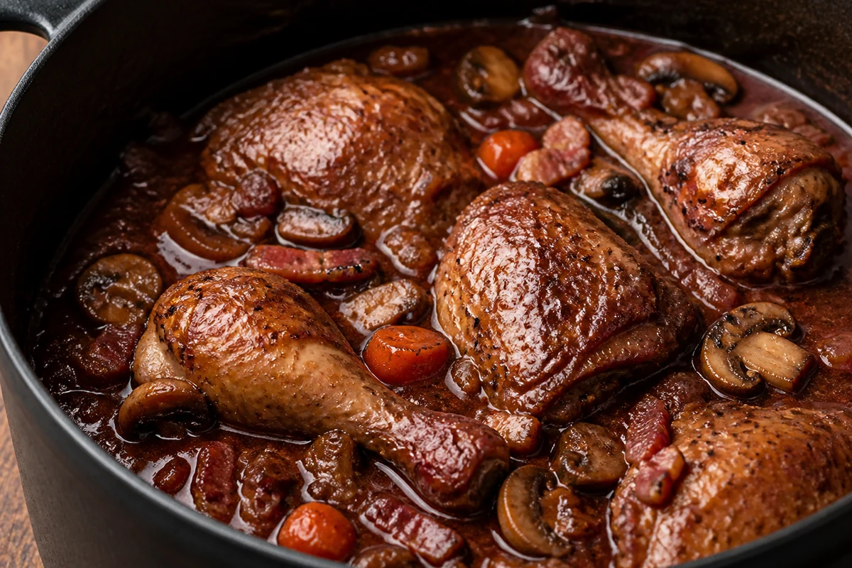 Un coq au vin en cocotte avec lardons, champignons et carottes