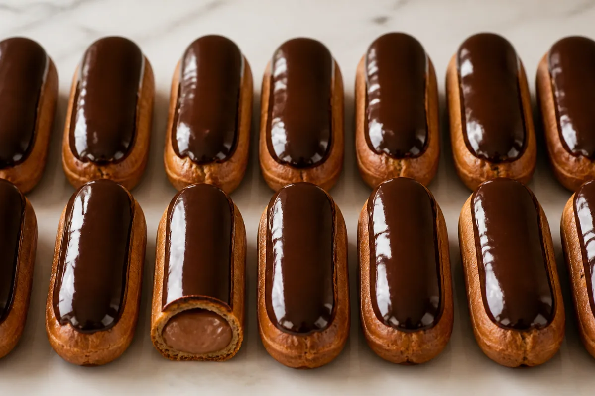 Éclairs au chocolat alignés avec un glaçage sombre et brillant