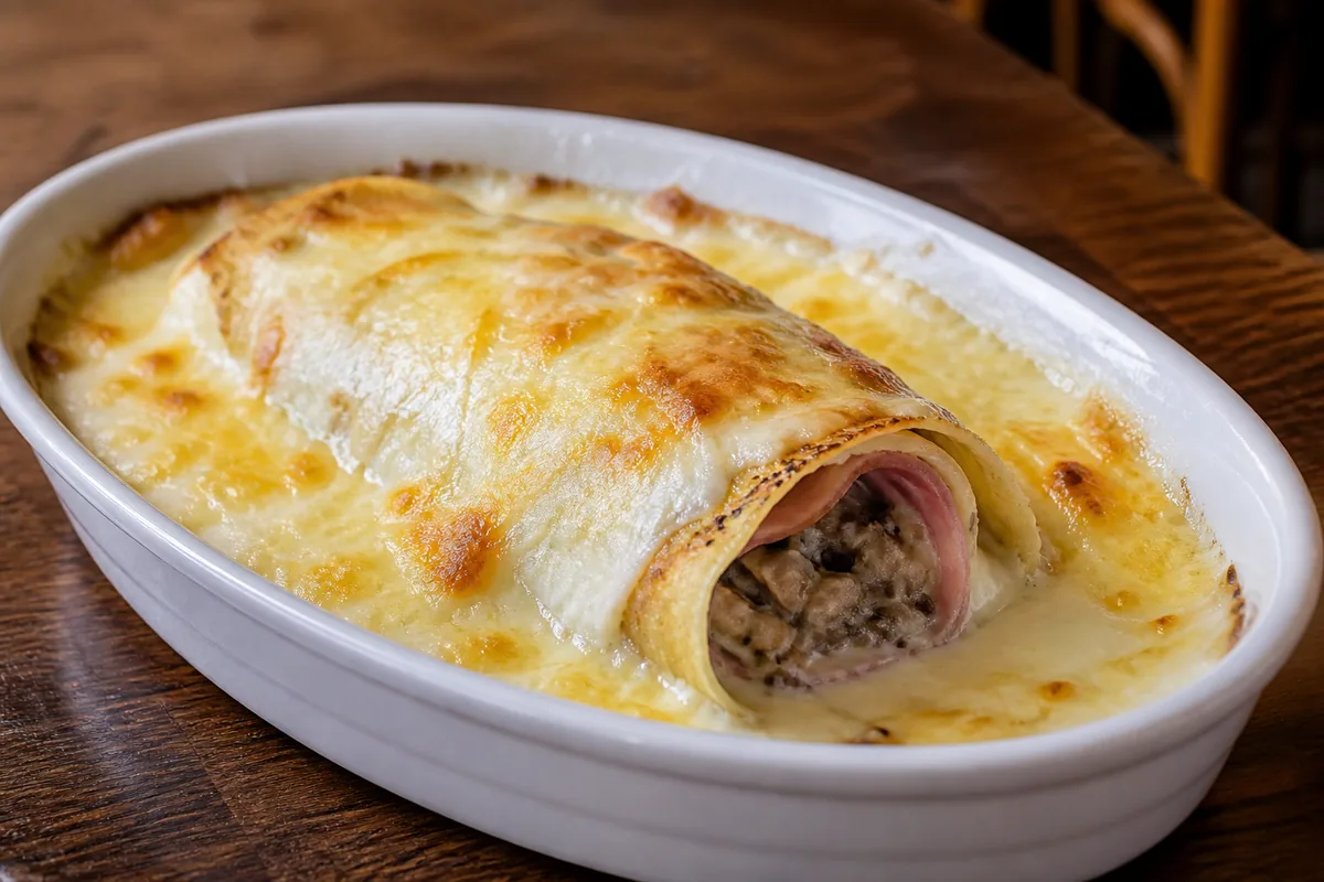 Ficelle picarde gratinée au jambon et aux champignons dans un plat blanc