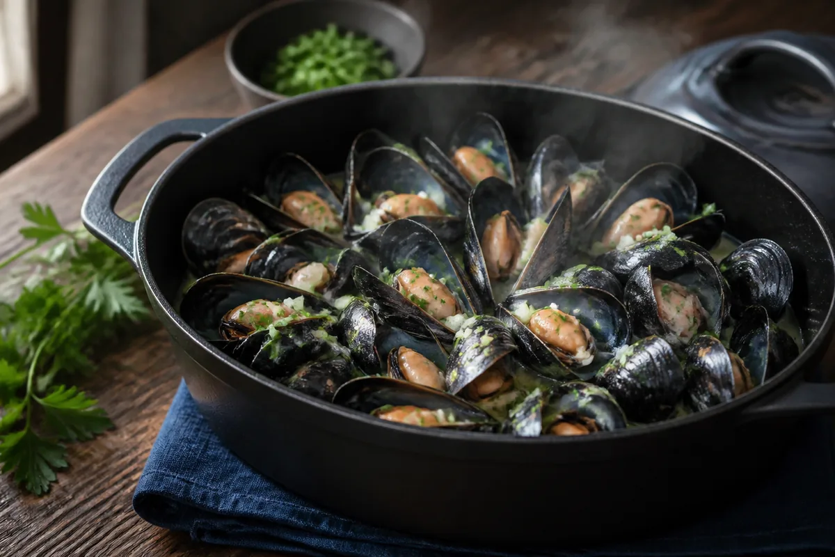 Moules marinières ouvertes dans leur jus au vin blanc et au persil
