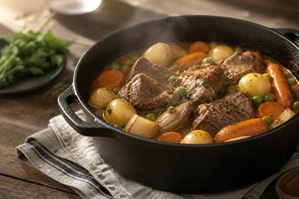 Navarin d’agneau en cocotte avec carottes, navets et pommes de terre
