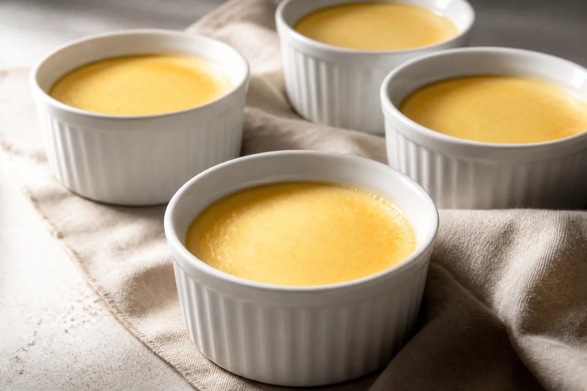 Des œufs au lait vanillés en ramequins, cuits au bain-marie