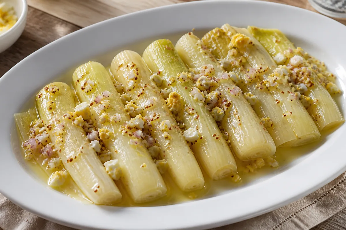 Poireaux vinaigrette alignés avec échalote et œuf dur émietté