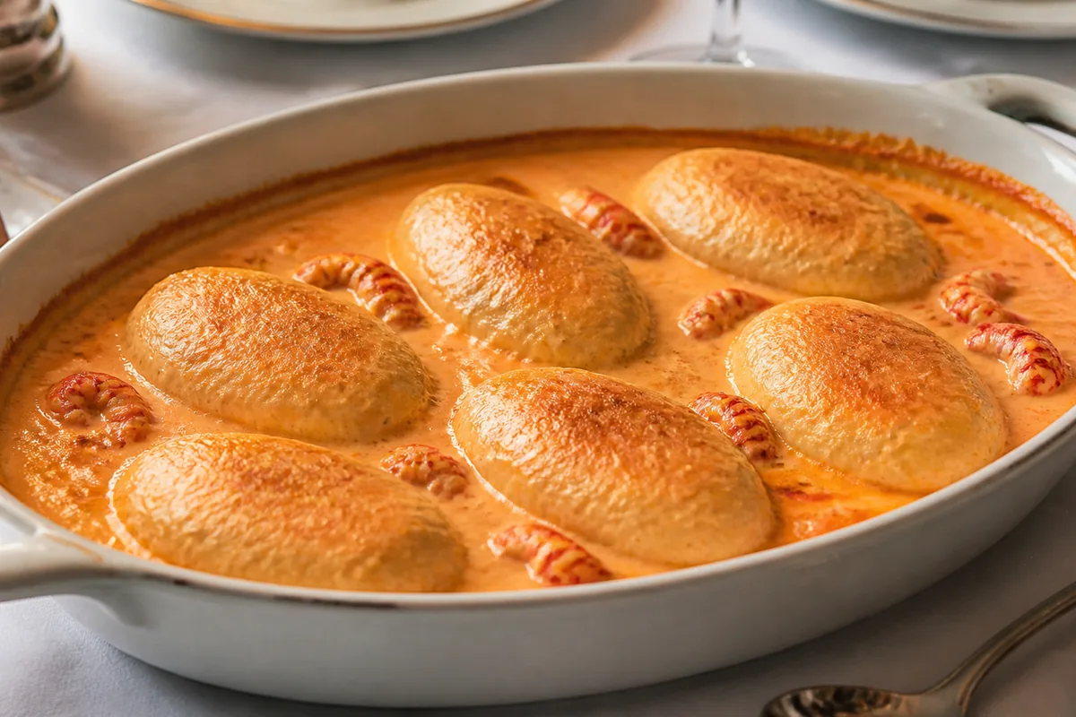 Quenelles de brochet gratinées dans une sauce Nantua crémeuse