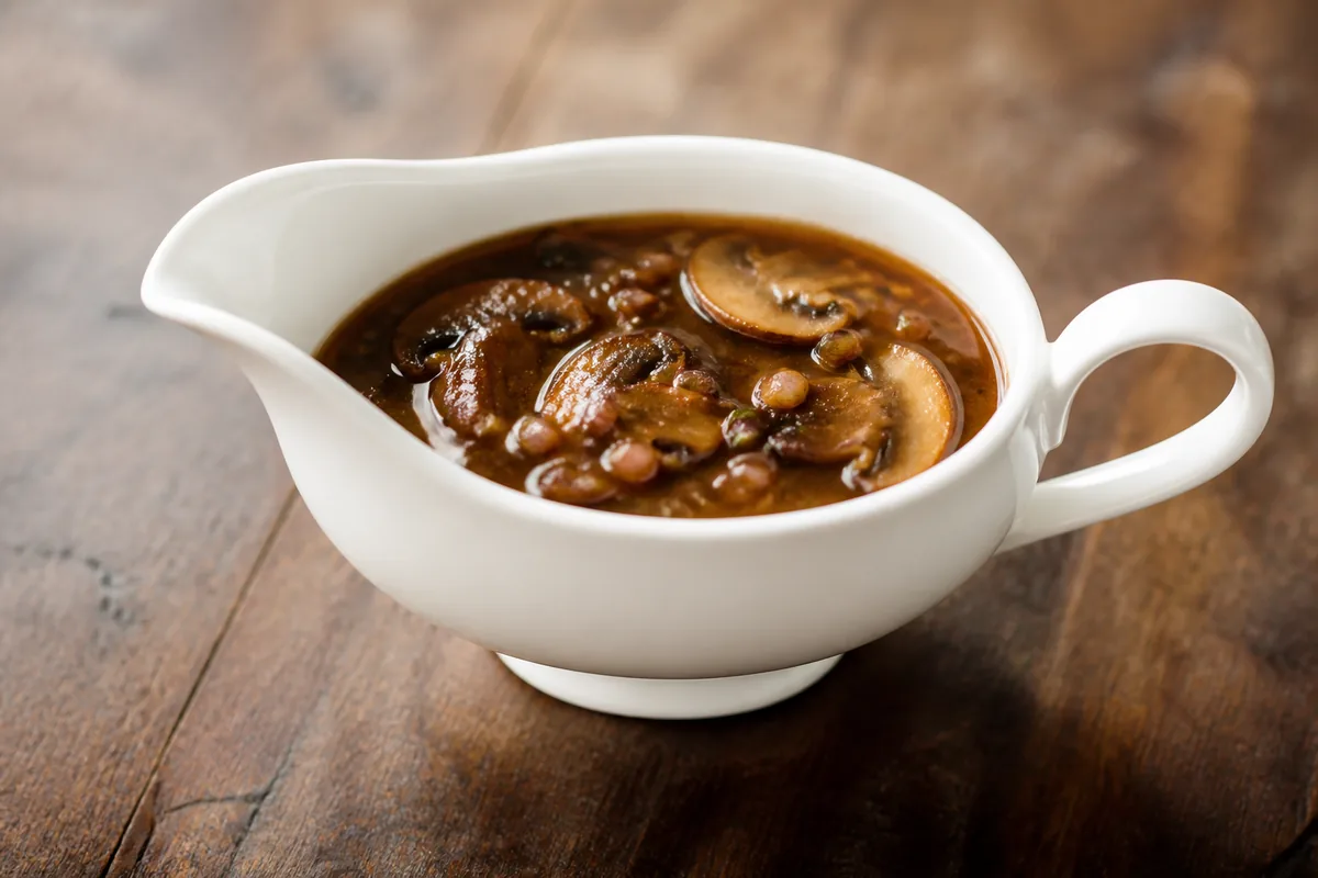 Une sauce chasseur brune et brillante avec ses champignons