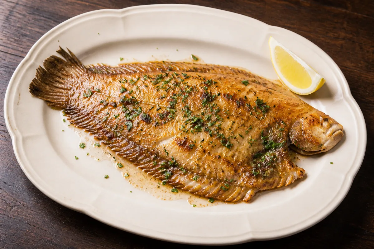 Sole meunière entière dorée au beurre avec citron et persil
