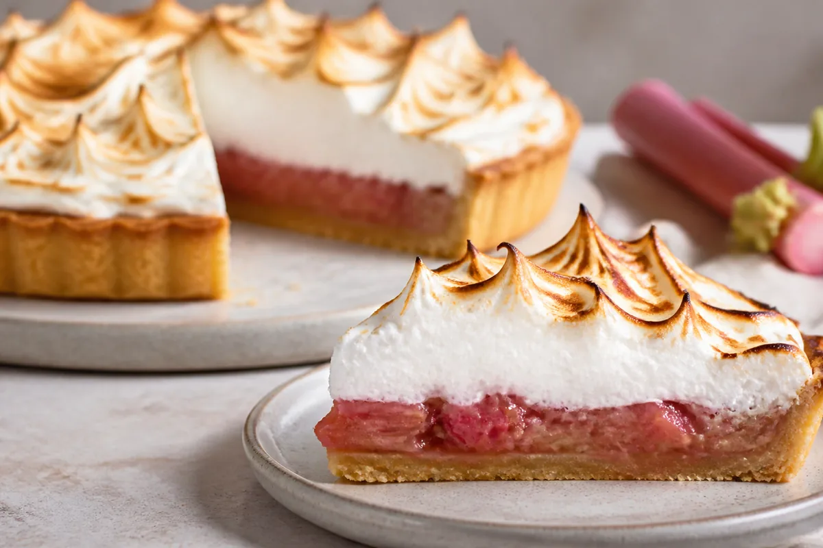 Part de tarte à la rhubarbe couverte d’une meringue légèrement dorée