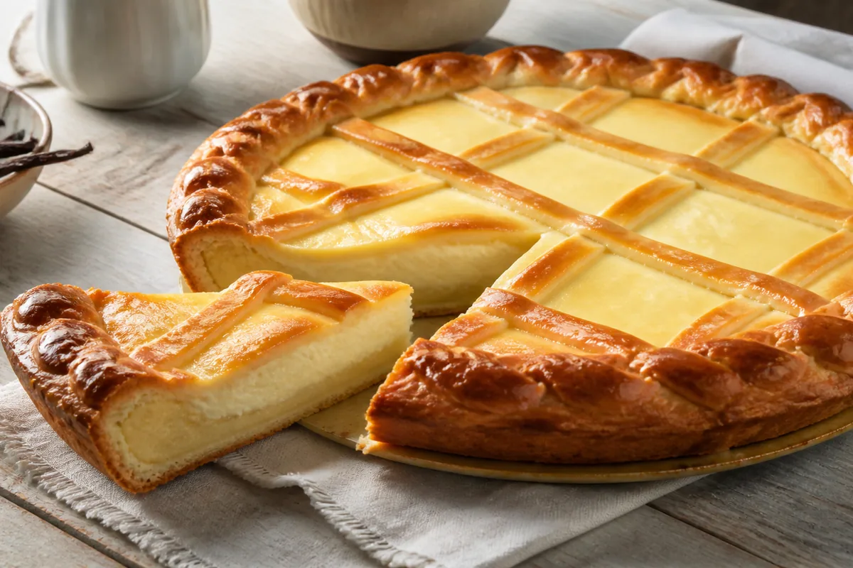 Tarte au libouli à gros bords et croisillons sur une crème vanillée