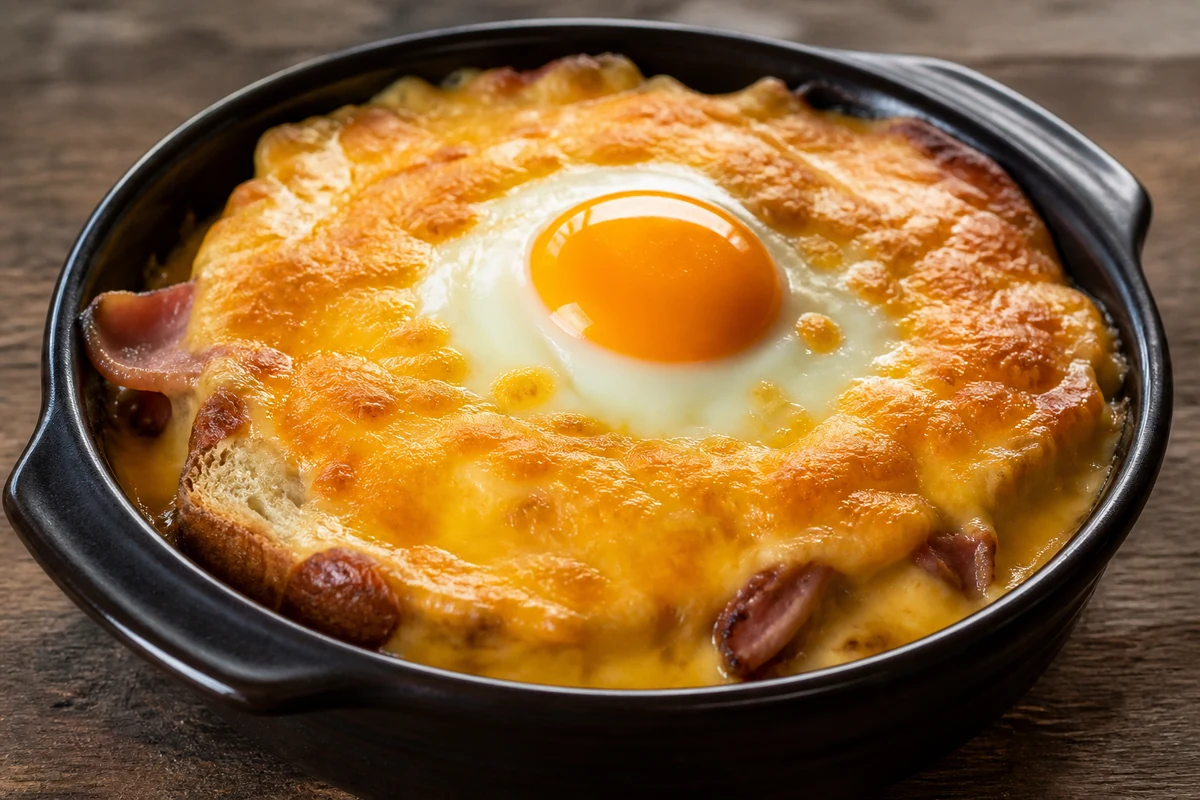 Un welsh traditionnel gratiné au cheddar avec jambon, pain et œuf
